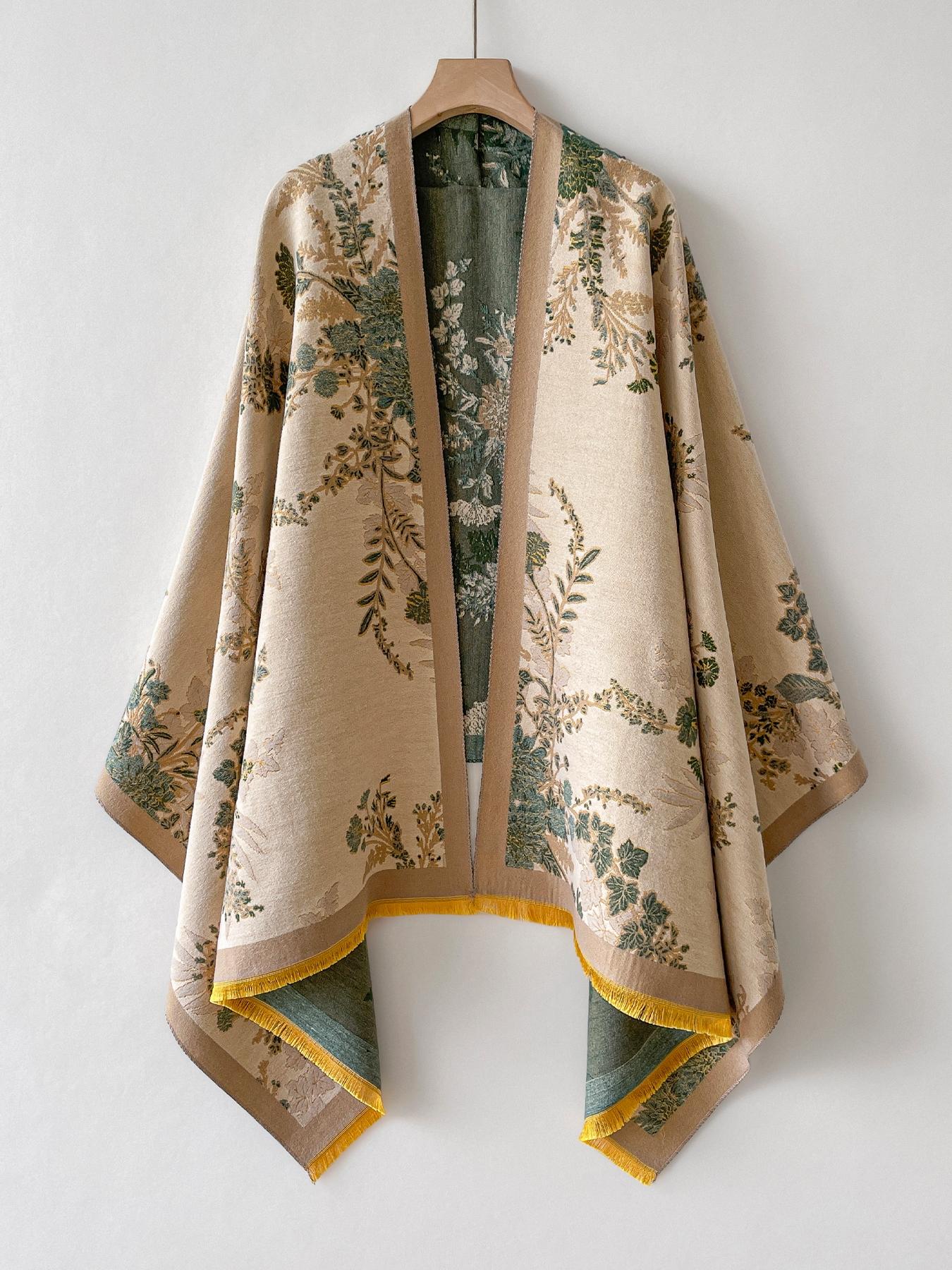 Women's Floral Print Shawl, Soft Warm Woven Fabric, Soft Texture, Casual Fitted Design, Perfect for Fall & Winter, Modern Fashion Accessory