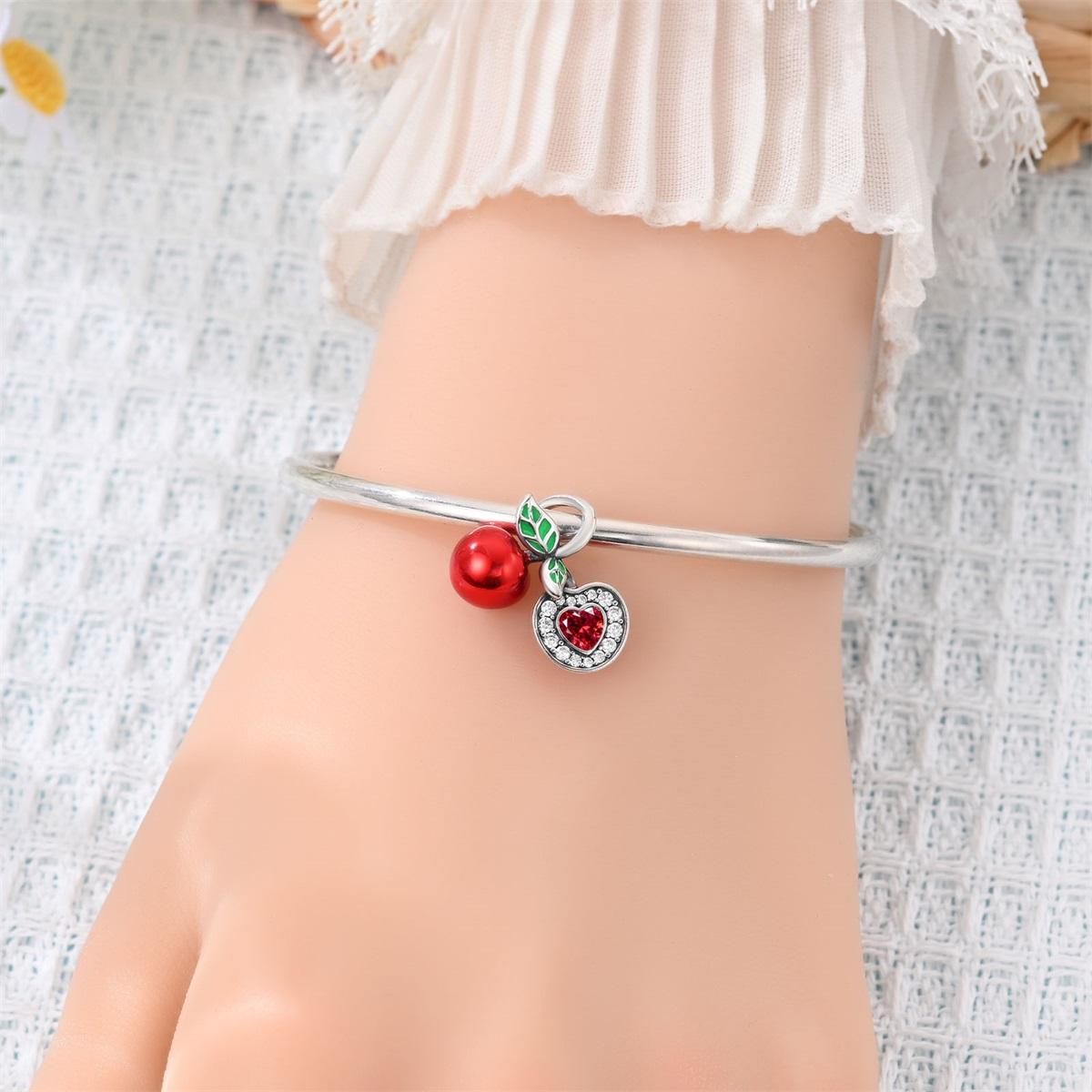 Cherry & Heart Dangle Charm, Ruby & Leaf Enamel, Cute Fruit Jewelry for Pandora Bracelet, Elegant Accessory for Women