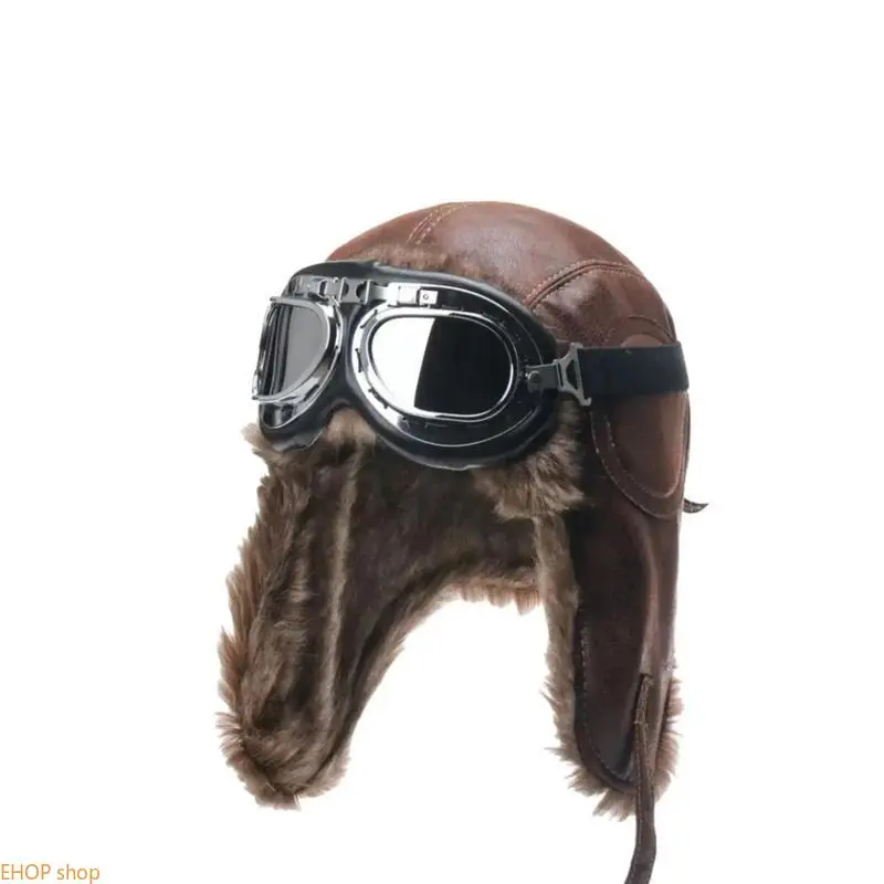 Vintage Leather Aviator Hat with Goggles, Windproof Pilot Cap with Thick Faux Fur Earflaps, Protective Motorcycle Headwear for Cold Weather Riding & Outdoor Adventures Men's Business Round Analog Watch Set Statement jewelry sets chain necklace luxury