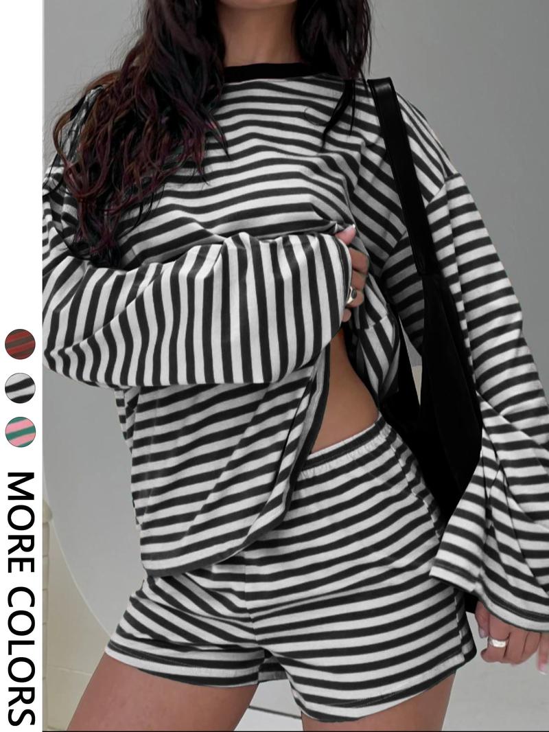 Valentine's Day Women's Casual Striped Long Sleeve Top & Shorts Set, Loose Fit, All Season, Comfortable Travel Clothing for Daily Wear