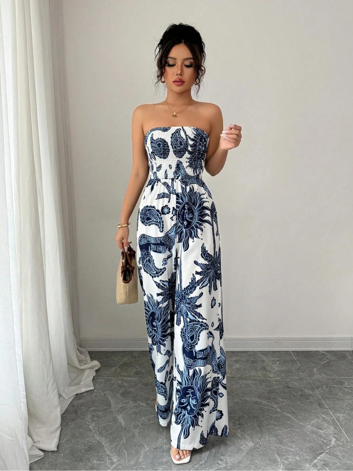 Elegant Women's Strapless Woven Print Romper, Waist-Cinch Wide-Leg Design, Perfect for Vacation & Daily Wear, Stylish One-Piece