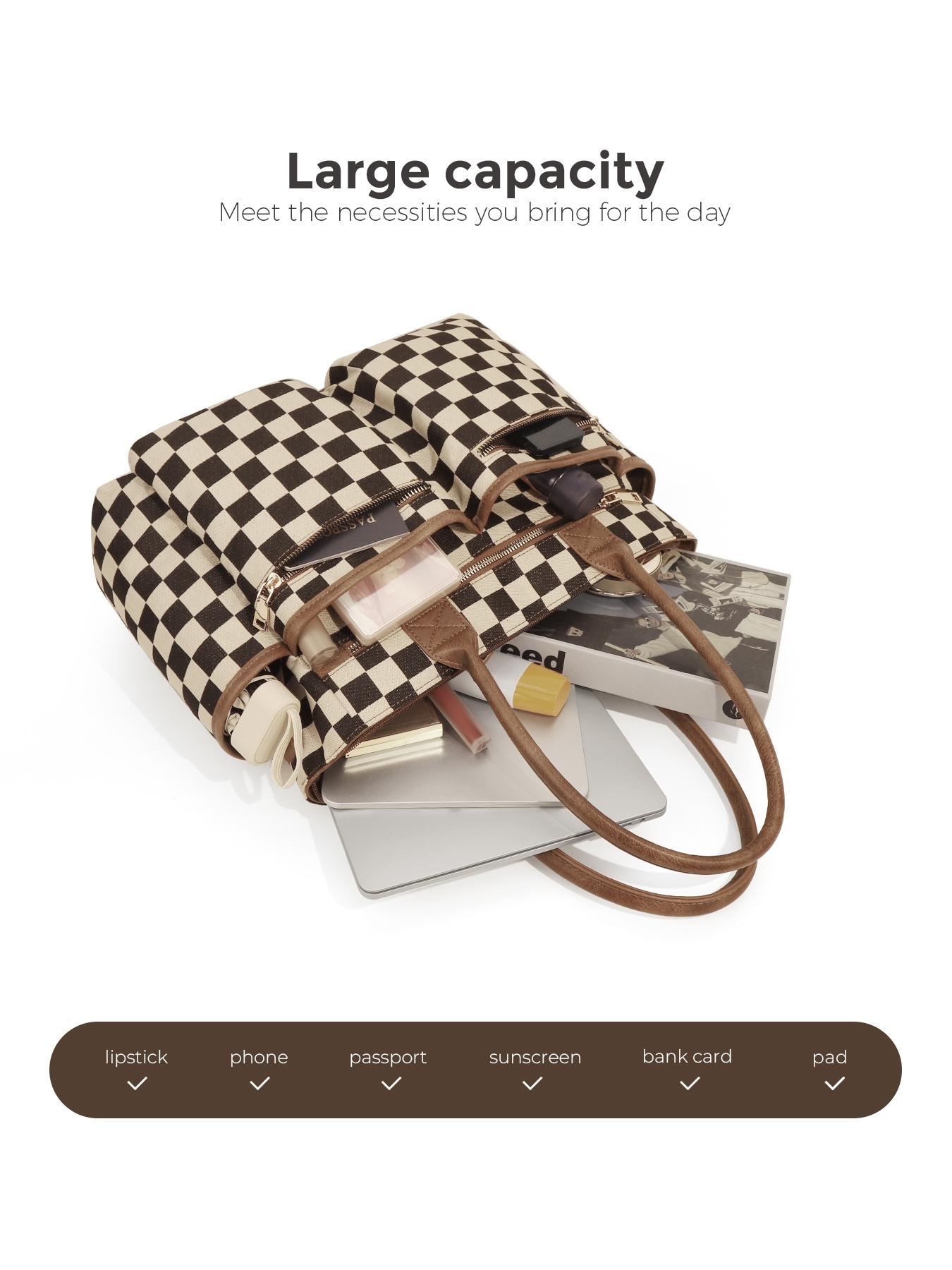 Women's Checkerboard Pattern Zipper Crossbody Tote Bag, Large Capacity Multi-Pocket Design Portable Shoulder Bag For Daily Used, Girl Fashionable Shopping Bag