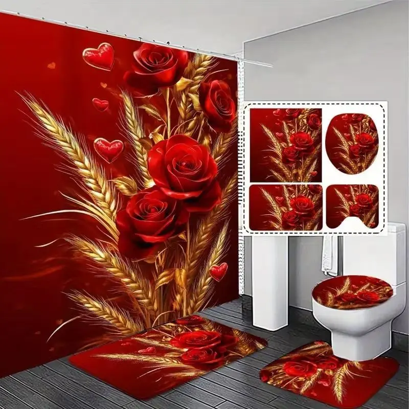 1/4pc Decorative Red Rose and Wheat Ear Pattern Shower Curtain Set, Bathroom Decoration Accessories, includes non-slip mat, U-shaped rug, and toilet seat cover. Perfect for bathroom decoration. Comes with 12 shower curtain hooks