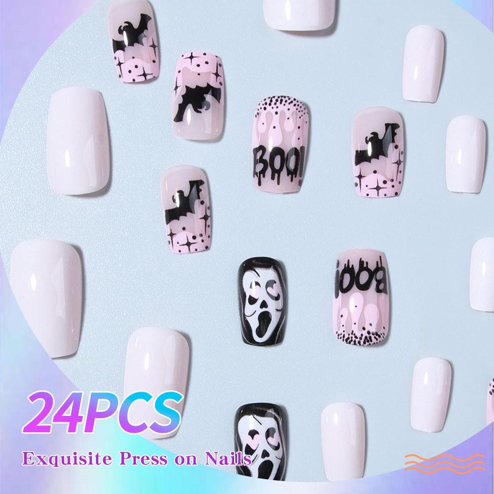 24pcs Halloween Nail Art Set, Ghost Bat Boo! Design, Glossy Finish, Medium Oval Shape, Easy Peel-Off, Perfect for Parties & Festivals