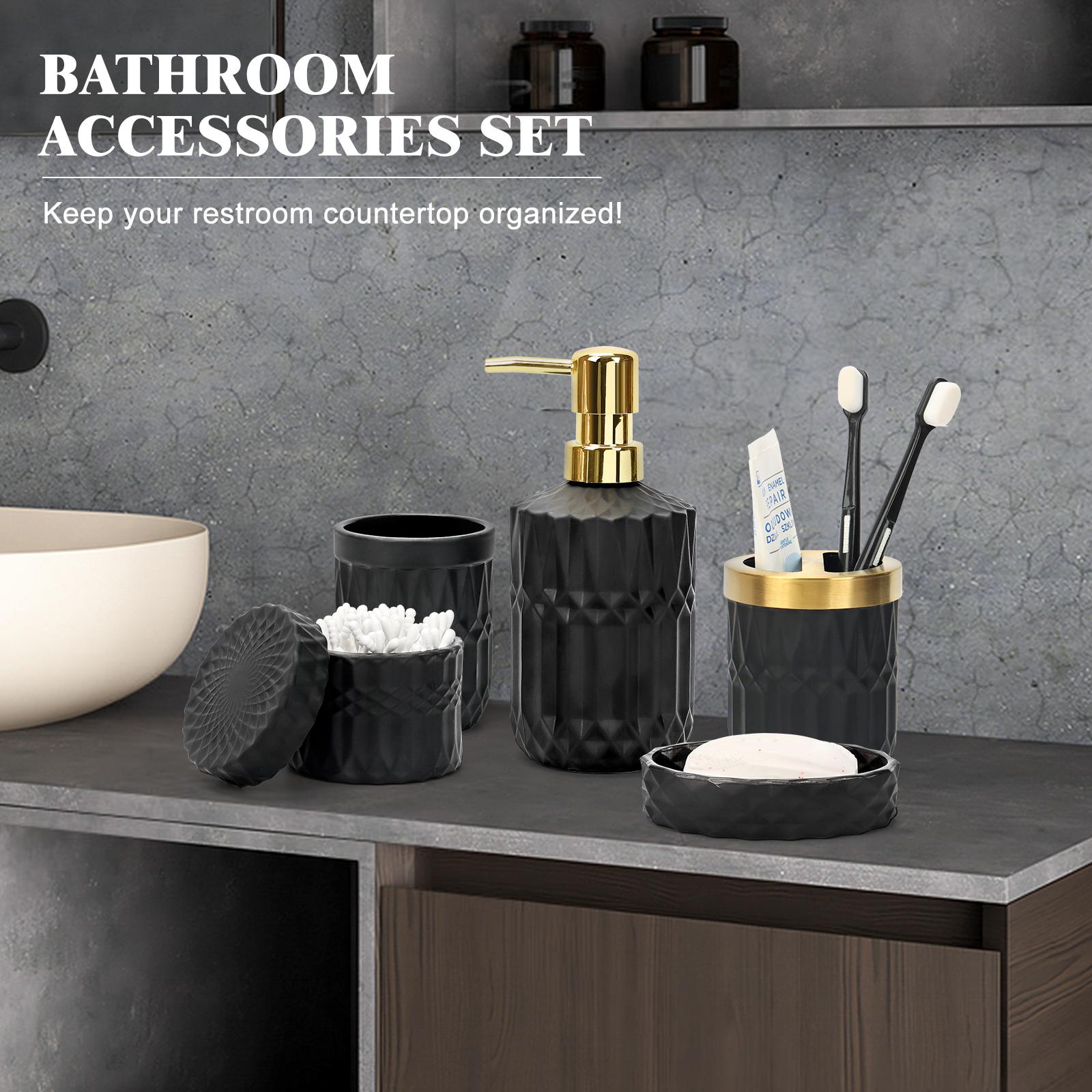 PLL Green Bathroom Accessories Set, 5Pcs Clear Glass Bathroom Accessories, Vanity Bathroom Decor, Hand Soap Dispenser, Soap Dish, Toothbrush Holder Set, Modern Countertop Organizer, Housewarming Gift Set