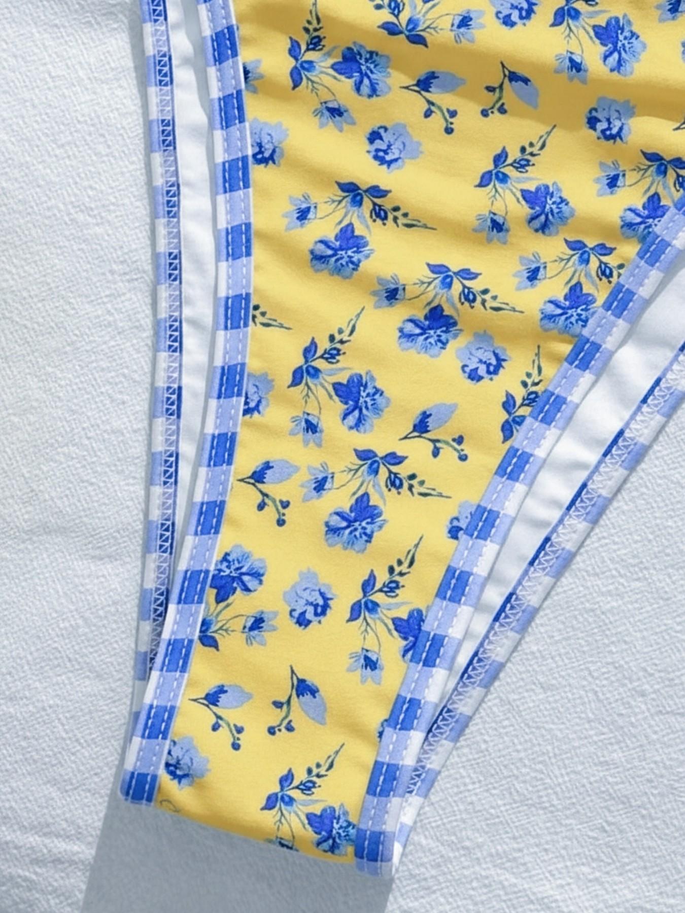 2026 Spring/Summer Women's Swimsuit Yellow Base with Random Blue Flower Print Cute and Sweet High-Waist Side Bikini Two-Piece Set