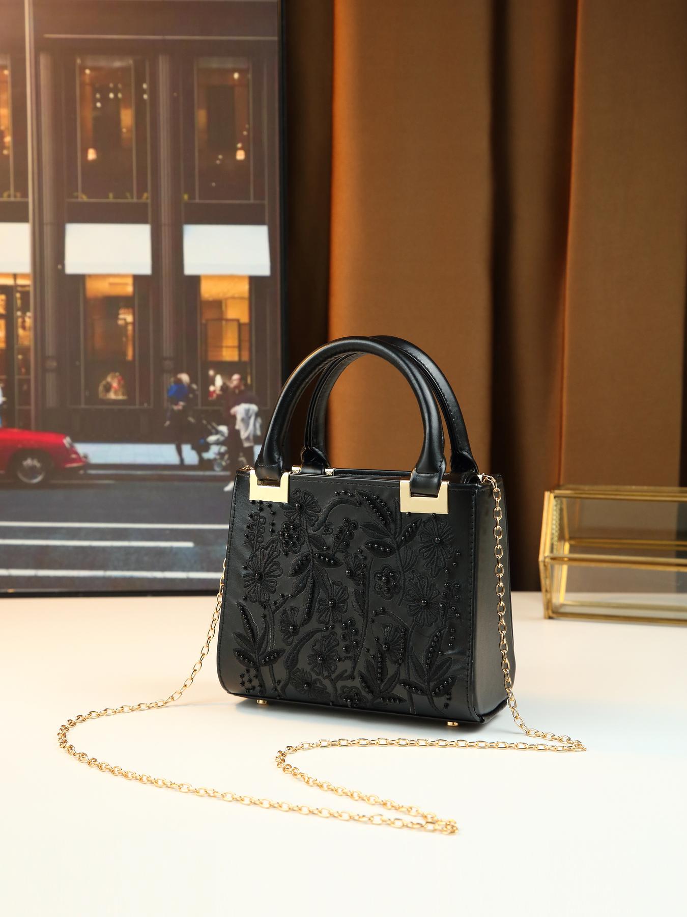 Heavy-duty beaded floral design embroidered small square bag, elegant versatile date shoulder crossbody bag