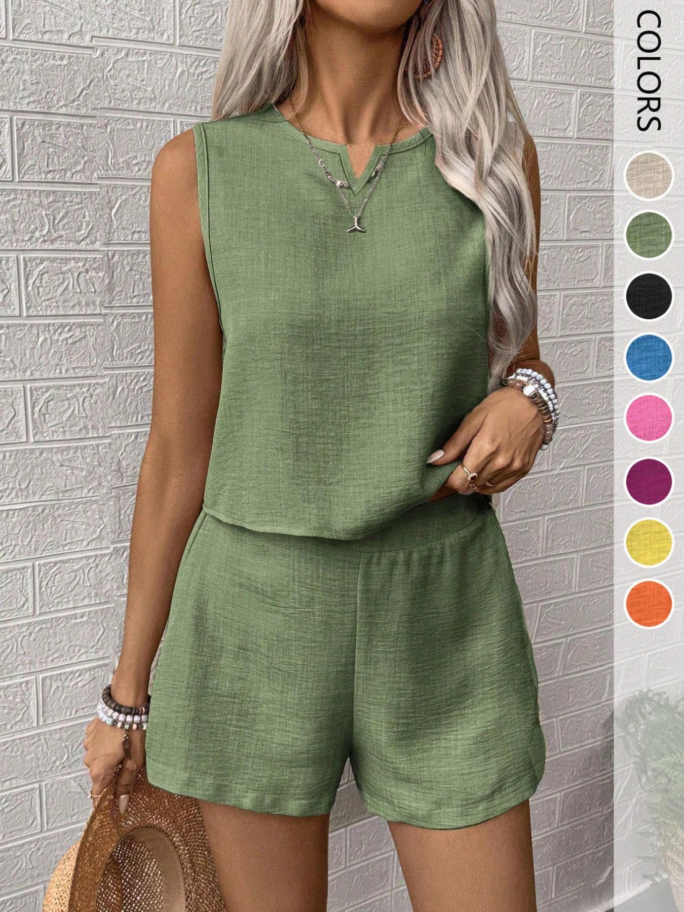 Women's 2-Piece Set, Casual V-Neck Sleeveless Top and Wide Leg Pants, Summer Loose Fit, Home Wear, Office, Vacation, All Seasons, Womenswear