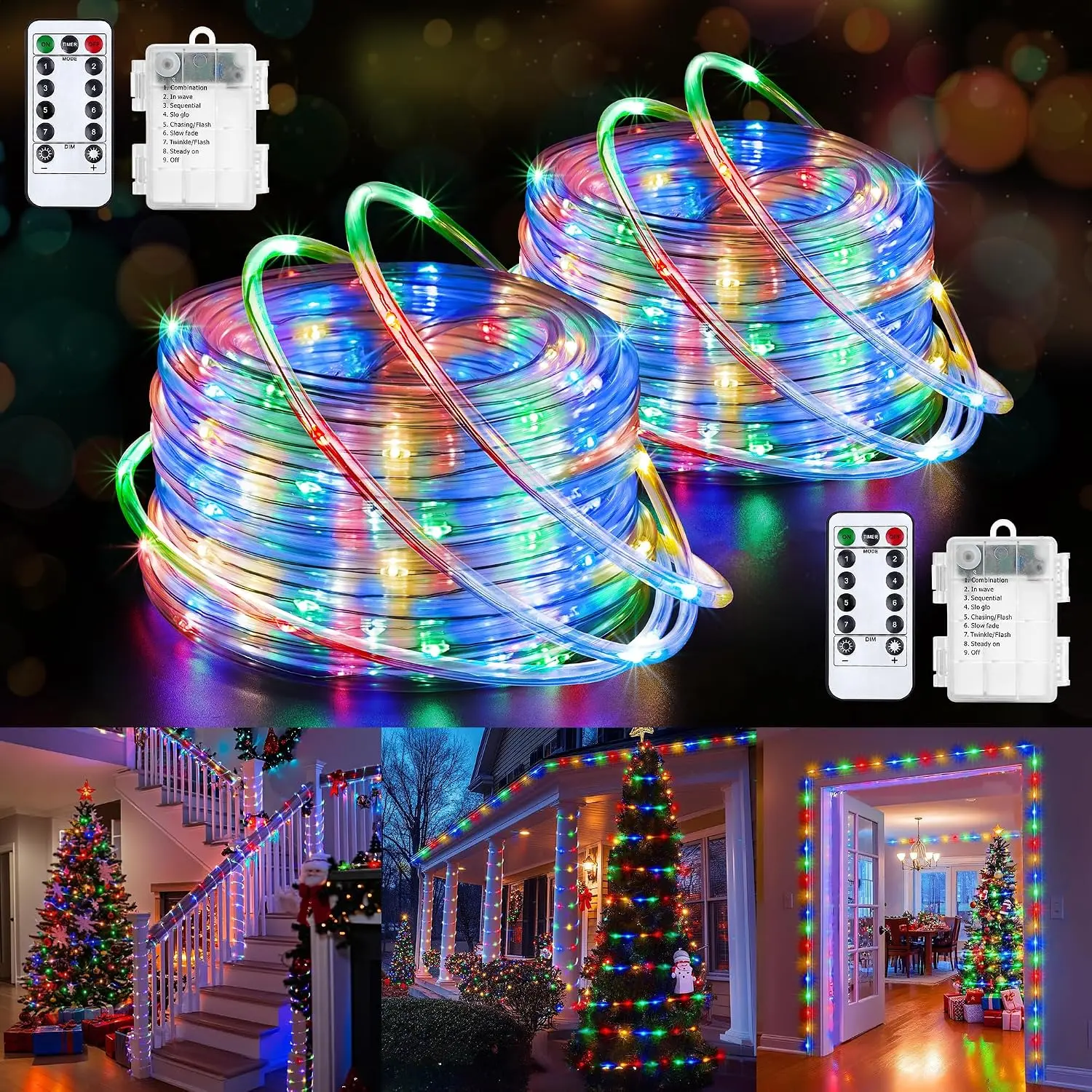 2-Pack Battery Operated Rope Lights for Outside, Total 66FT 200LED 8 Modes Battery Operated String Lights, Waterproof Christmas Fairy Light with Remote for Outdoor Indoor Xmas Decor -Multicolor