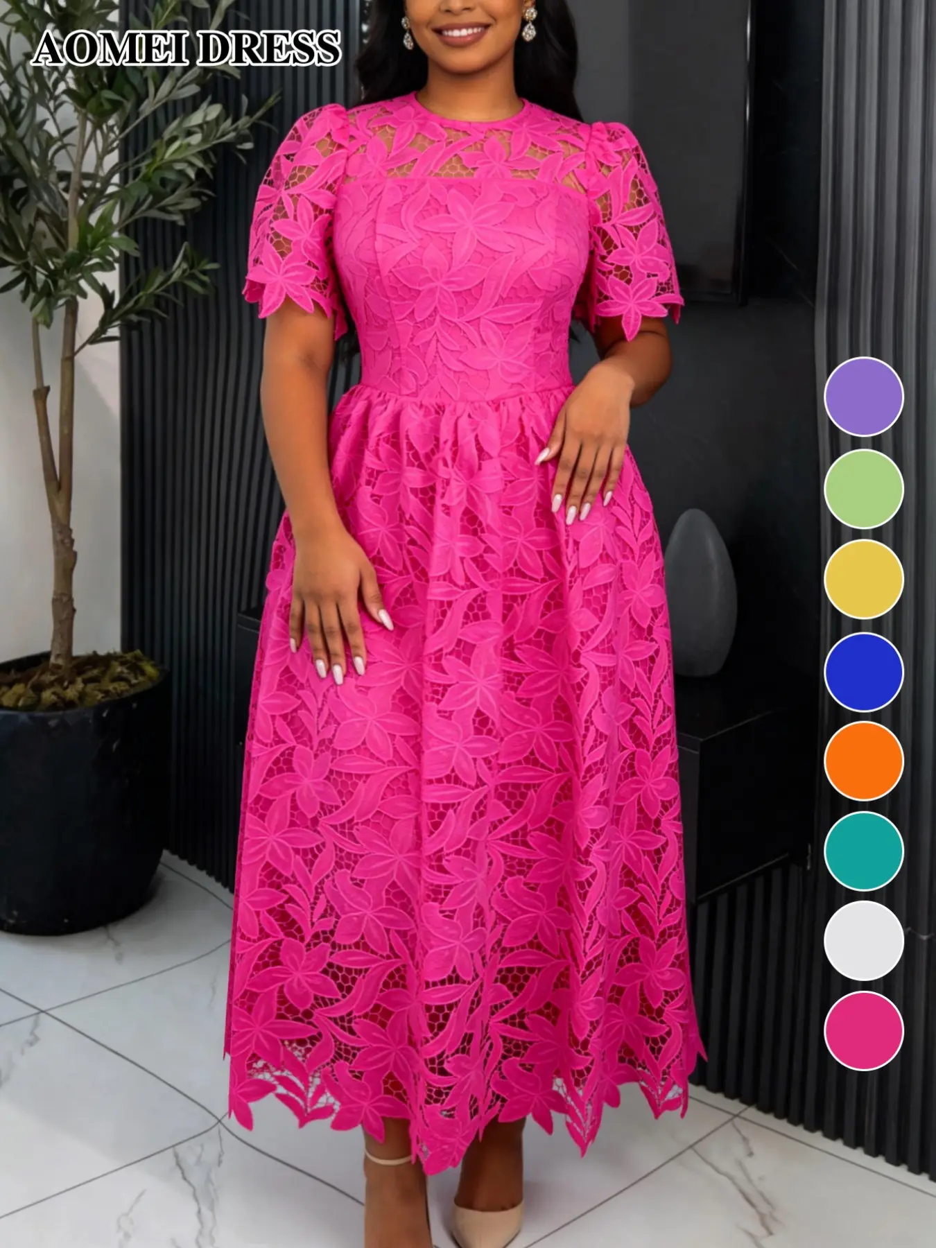AOMEI DRESS Elegant Lace Round Neck Midi Dress, Women's Party Wedding Guest A-Line Short Sleeve Mesh Summer Dress, Fashion Evening Gown, Dresses To Wear To A Wedding