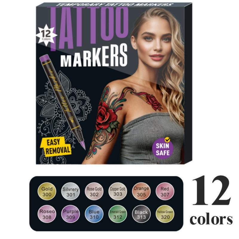 Temporary Tattoo Markers,10/12/18/24 Colors Metallic Markers,Tattoo Stencil, Cosmetic Tattoos Pens,Flexible Brush Tip, Bright colors, Face Paint Kit Cosmetic Quality,Christmas gifts