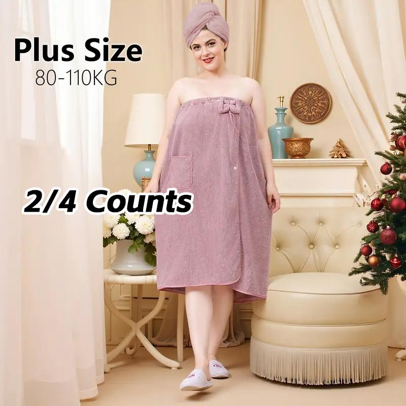 Plus Size Solid Color Bathrobe, 2/4 Counts Soft Water Absorbent Bath Skirt & Hair Drying Cap, Bathroom Supplies for Home Hotel Salon