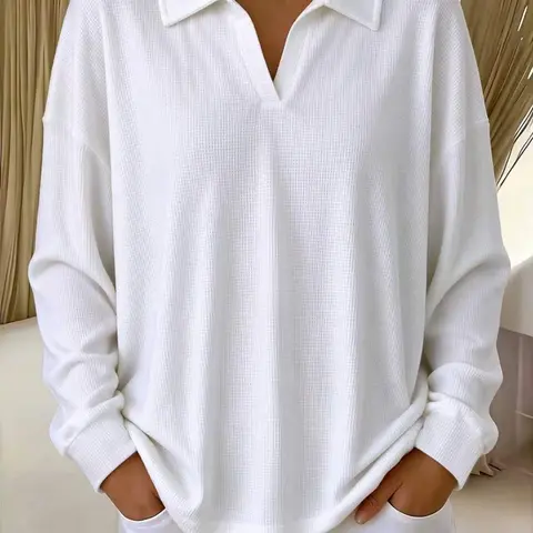 Women's Plus Size Fashion Casual Loose-Fitting Plain Knit Sweatshirt, Waffle Texture Polo-Neck Long-Sleeve Top for Fall & Winter