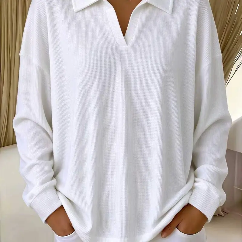 Women's Plus Size Fashion Casual Loose-Fitting Plain Knit Sweatshirt, Waffle Texture Polo-Neck Long-Sleeve Top for Fall & Winter