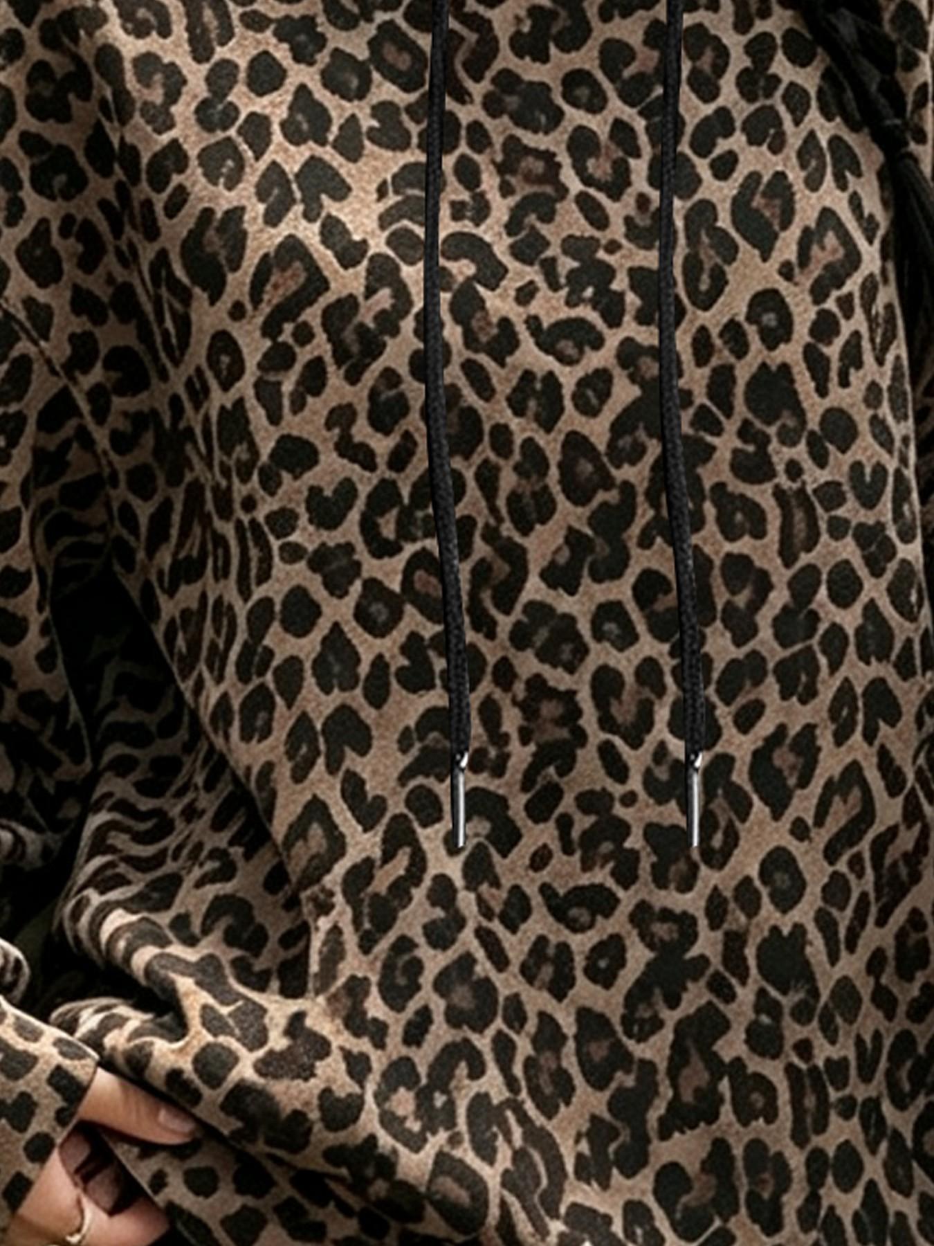 Women's Leopard Print Drawstring Hoodie, Casual Long Sleeve Sweatshirt, Loose-Fitting Striped Design, Fall Winter Fashion Top, Casual Cozy Sweatshirt