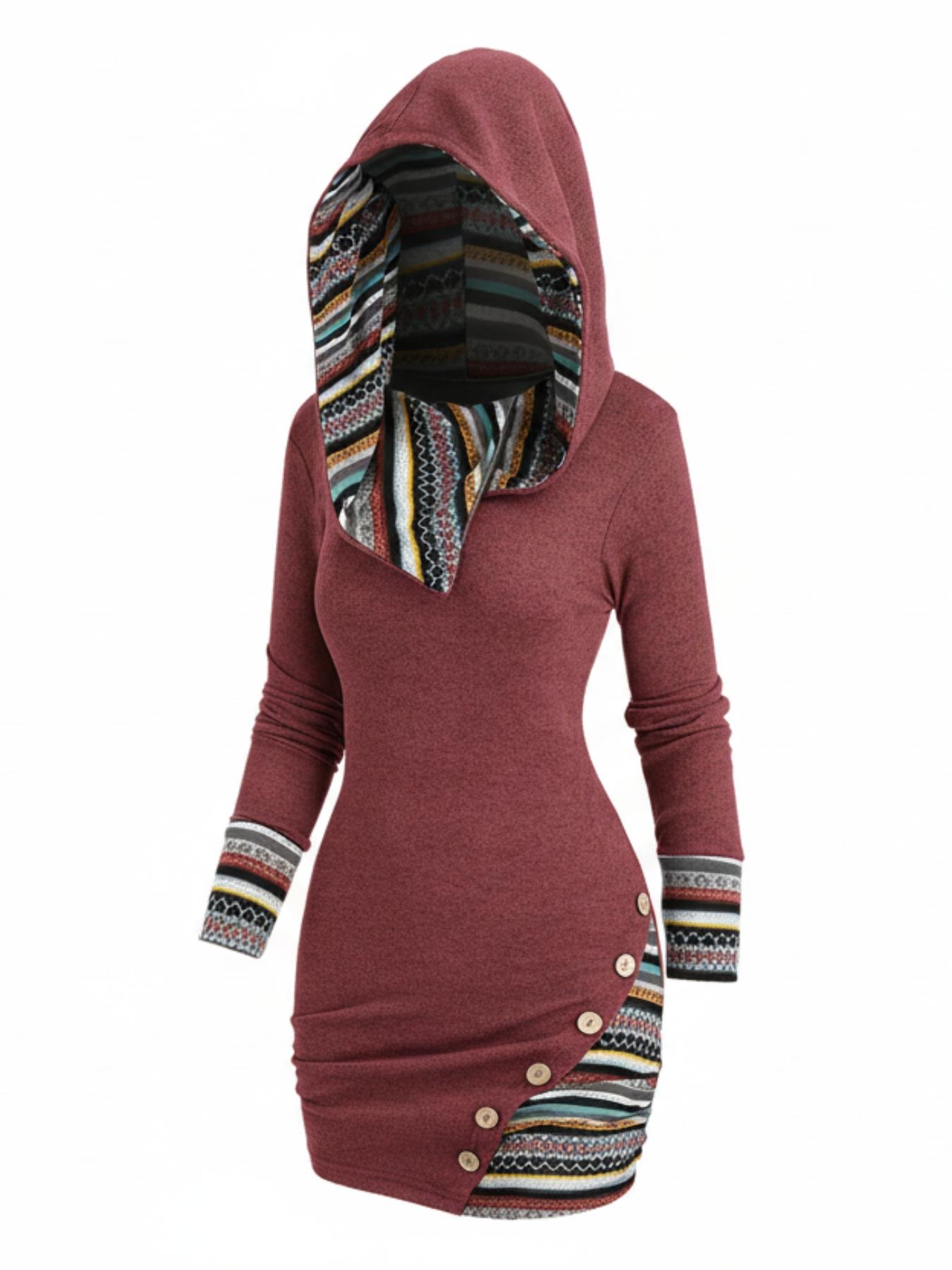 Women's Patchwork Striped Print Fake Buttons Hooded Bodycon Dress, Casual Long Sleeve Short Dress for Fall & Winter, Women's Clothes for Daily Wear, Womenswear