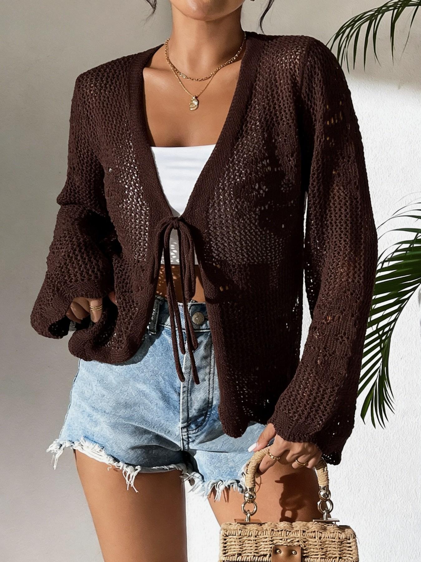 Women's Fitted Plain Sheer Tie Front Knitting Cardigan, Casual Long Sleeve Cardigan for Daily Wear, Ladies Knitwear for All Seasons Women's Fitted Plain Sheer Tie Front Knitting Cardigan, Casual Long Sleeve Cardigan for Daily Wear, Ladies Knitwear for All Seasons