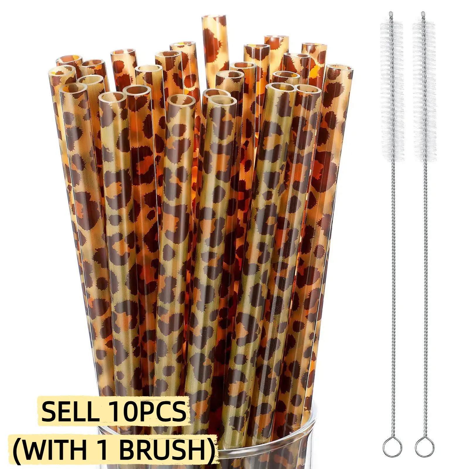 10/20PCS Reusable Leopard Print PP Drinking Straws Set (with 1/2 Brushes), 9-Inch Straws, Durable Easy-to-Clean Smooth-Edge Design for Iced Coffee, Juice, Smoothies, Party & Home Daily Use, Bar Accessories
