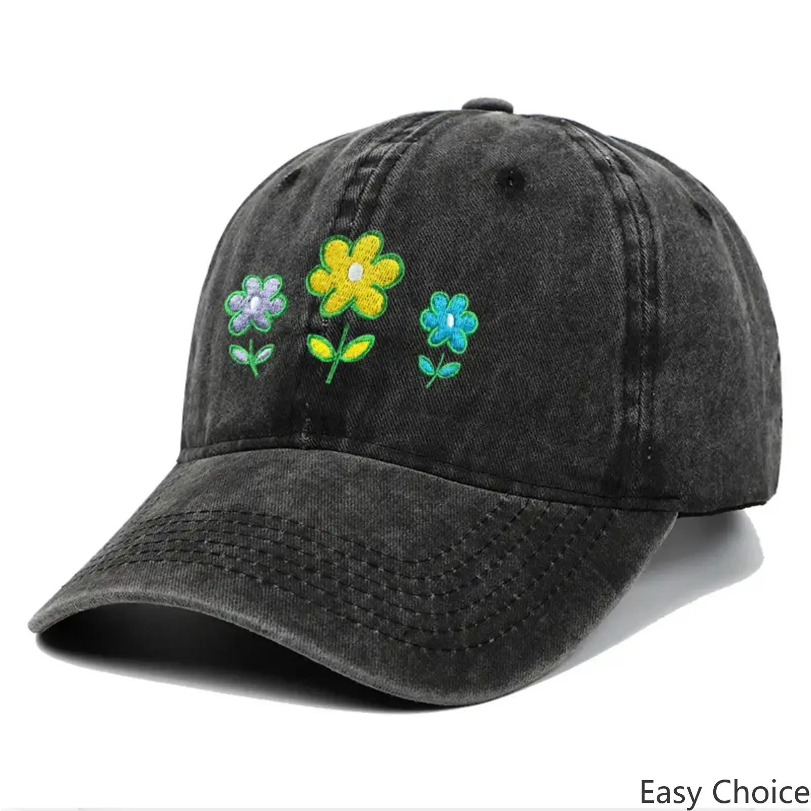 Vintage Washed Denim Baseball Dad Hat, Floral Embroidered Low Profile Trucker Cap For Adults, Adjustable One Size Summer Sun Protection Headwear For Travel & Gifting