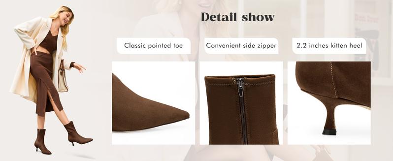 Coutgo Womens Low Kitten Heel Ankle Boots Pointed Toe Booties Side Zipper Fall Shoes