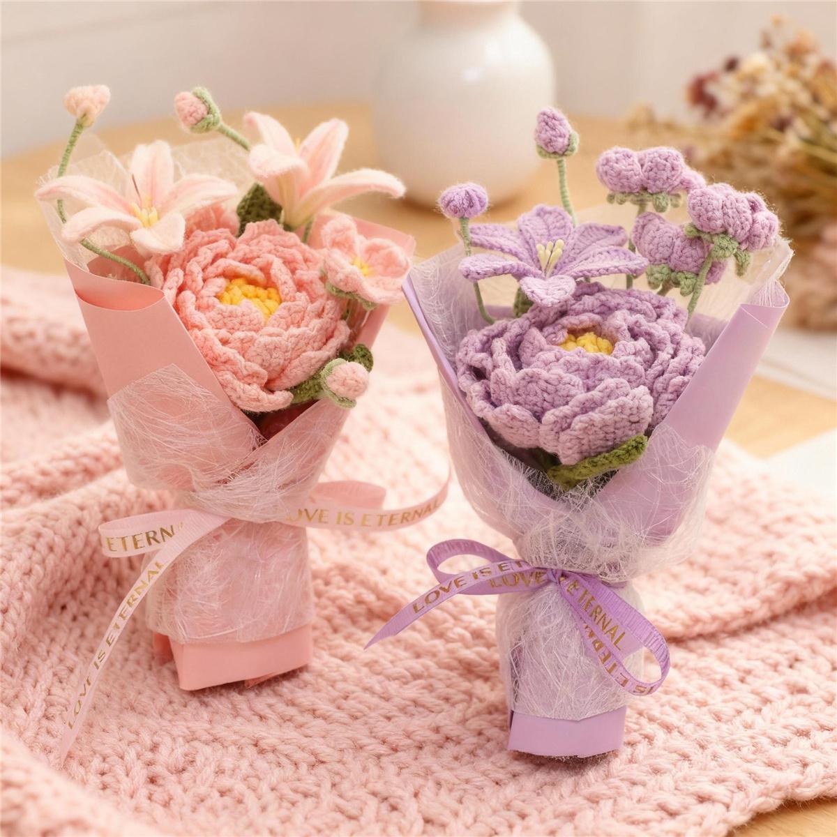 Handmade Knitted Flower Bouquet, Artificial Small Flowers, Mother's Day Valentine's Christmas Birthday Party Graduation Teacher Gift, Handmade Crochet Bouquet