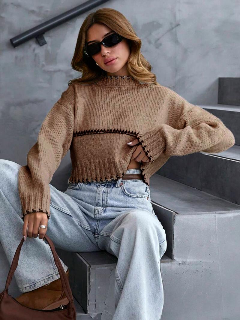 Women's Casual Colorblock Round Neck Drop Shoulder Long Sleeve Short Sweater Knitwear, Elegant Geometric Pattern, Spring & Fall Fashion