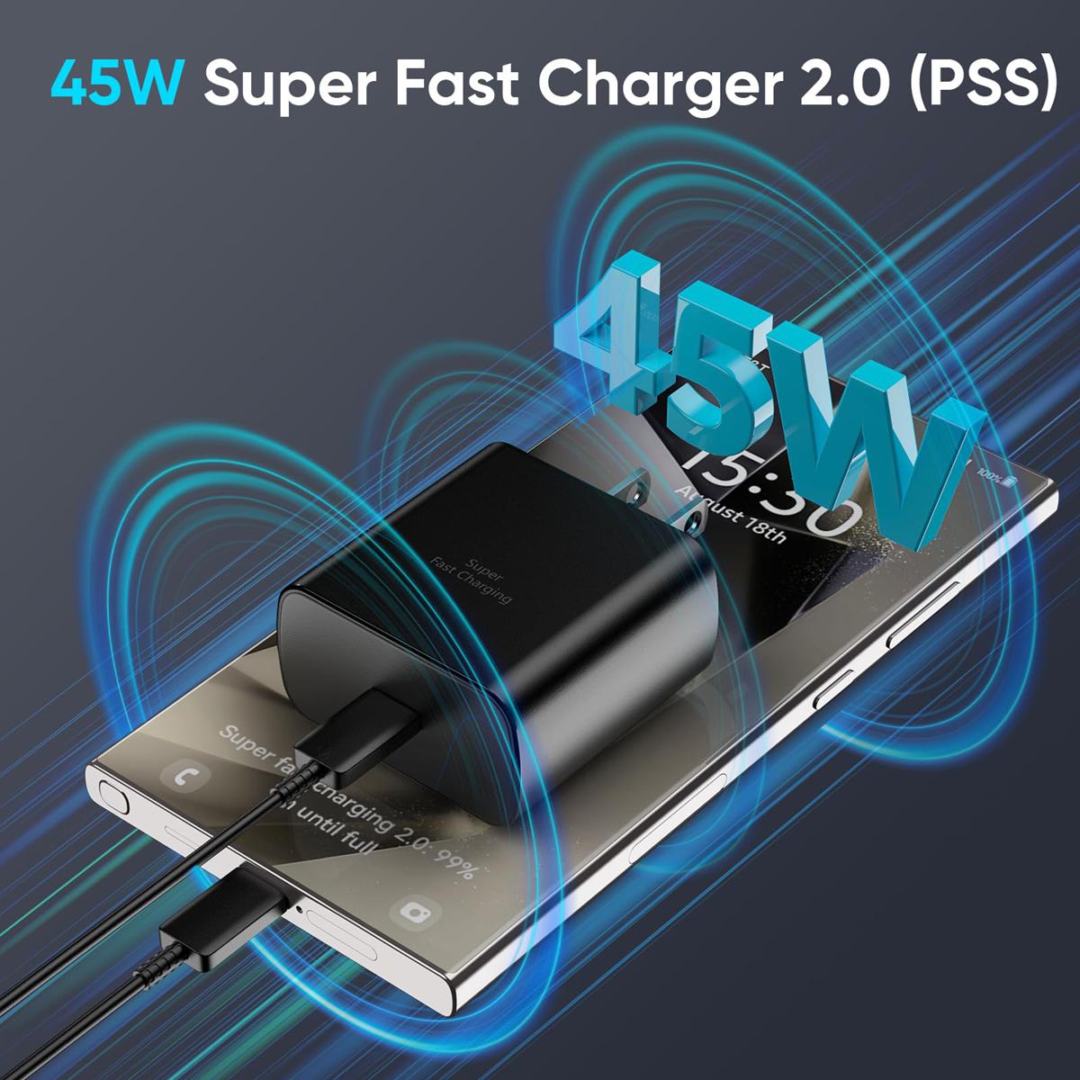 Keai 45W Super Fast Charger, USB C Power Adapter with 6.6FT Type-C Fast Charging Cable for Samsung Galaxy S25/S24/S23/S22/Note 20 Ultra, iPhone 17/16/15, Mobile Smartphone Accessories