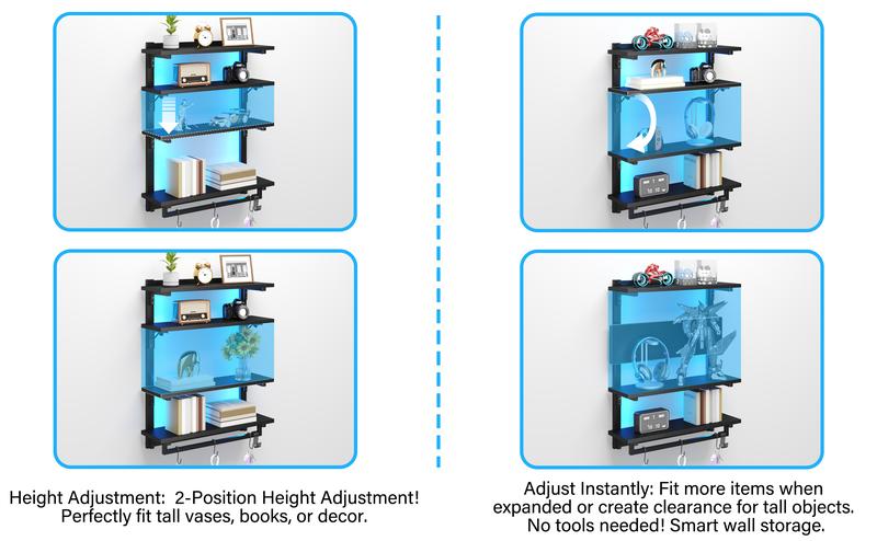 Foldable Gaming Floating Shelves with Adjustable Shelf, 24 Inch Wall Mounted Shelves with Dynamic LED for Living Room Game Room Cologne Holder Wooden Key Mail Holder