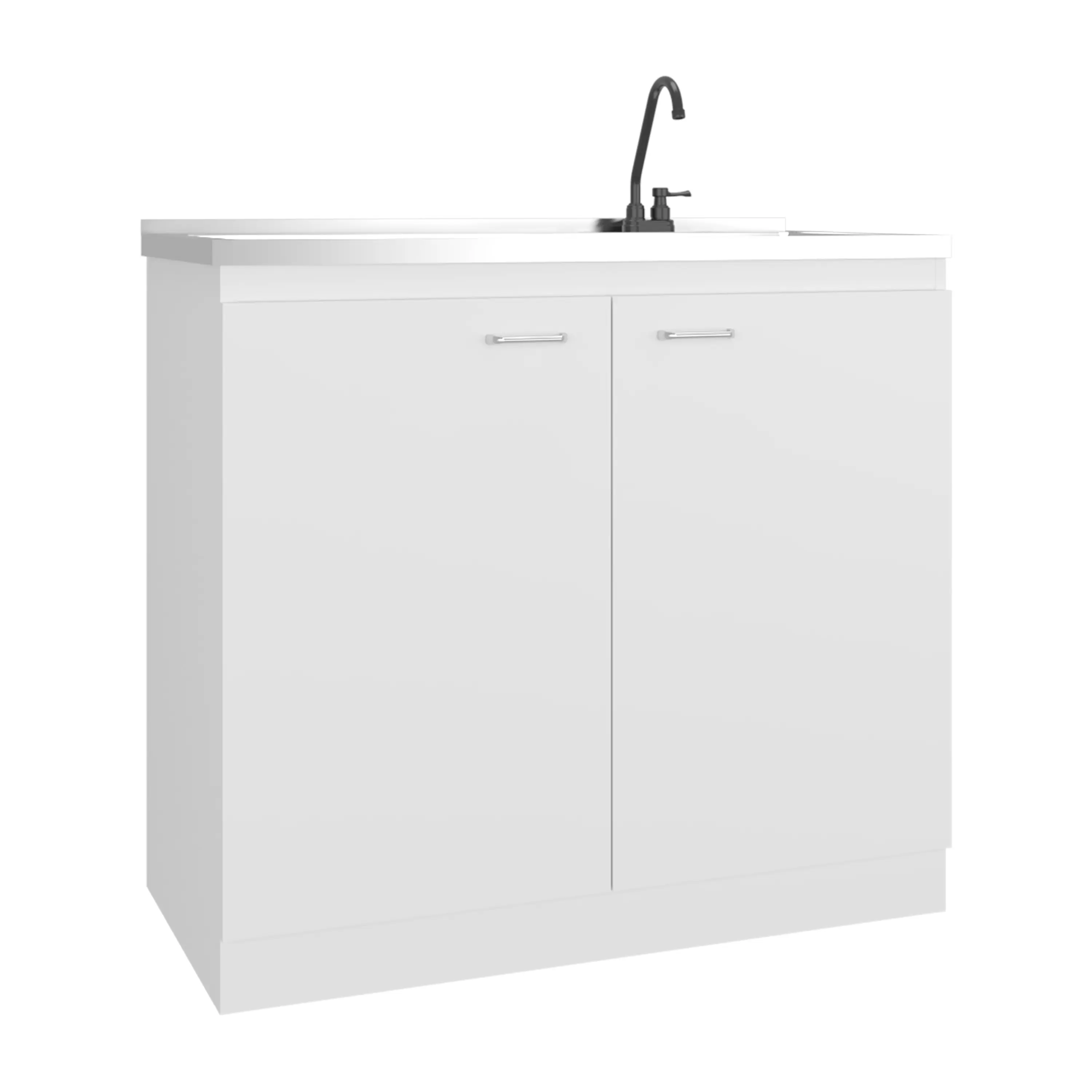 Freestanding Utility Sink with Integrated Stainless Steel Countertop, White Cabinet with Two Doors, Metal Handles, and Two Interior Shelves