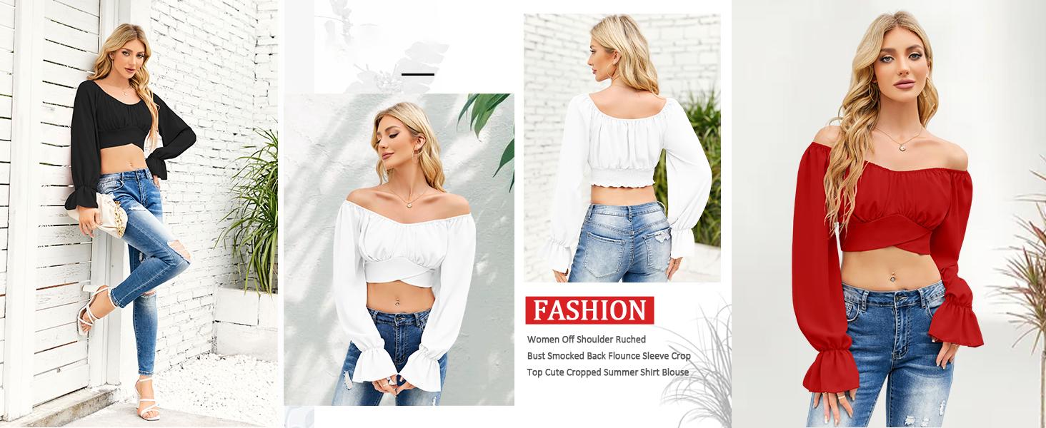 Danedvi Women Off Shoulder Crop Top Ruched Lantern Sleeve Self Tie Dessy Cropped Tee Shirts Clothing Chic
