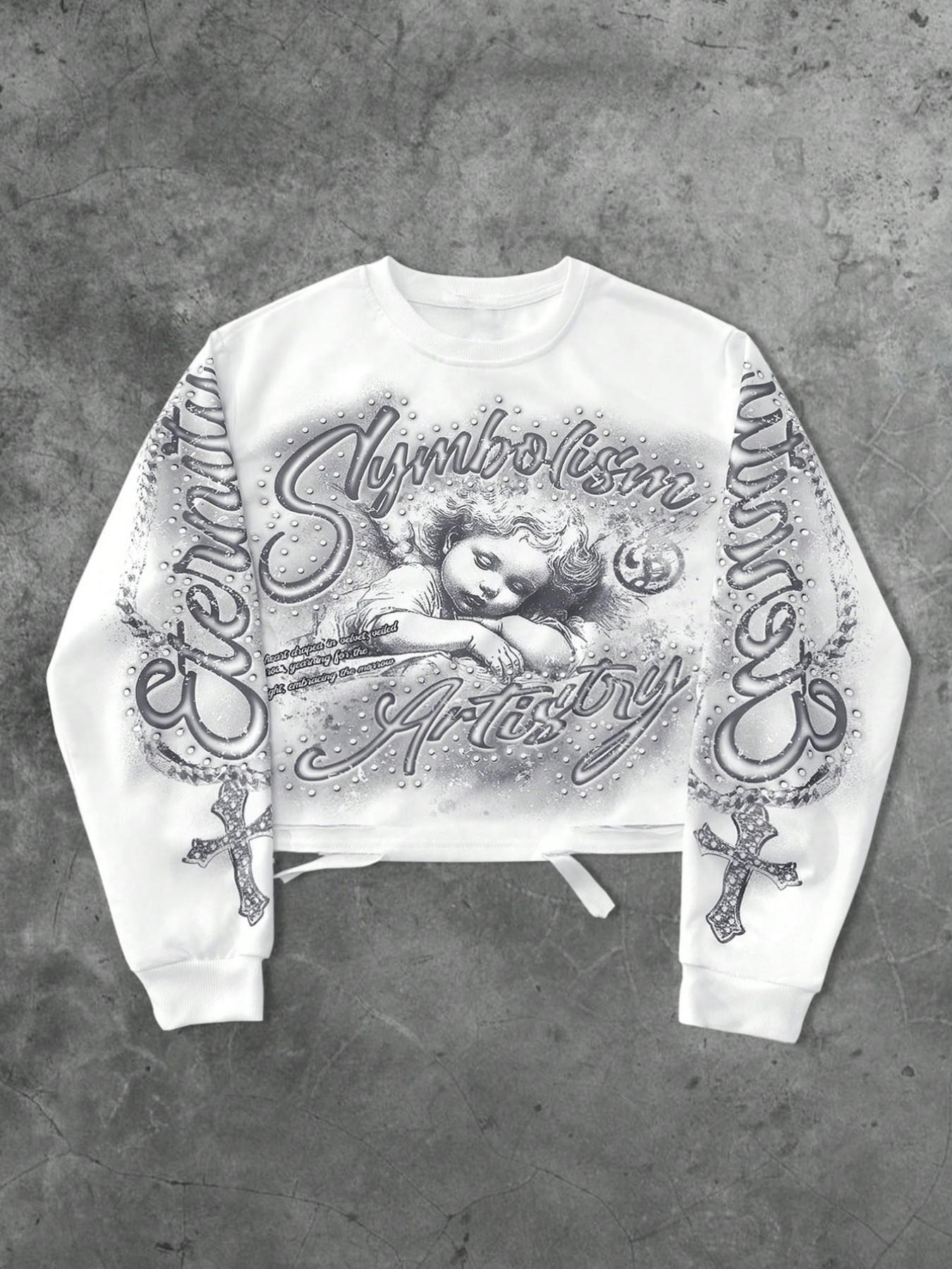 Unisex Streetwear Angel Print Design Sweatshirt, Loose-fitting Casual Long Sleeve Crewneck for Fall & Winter Fashion