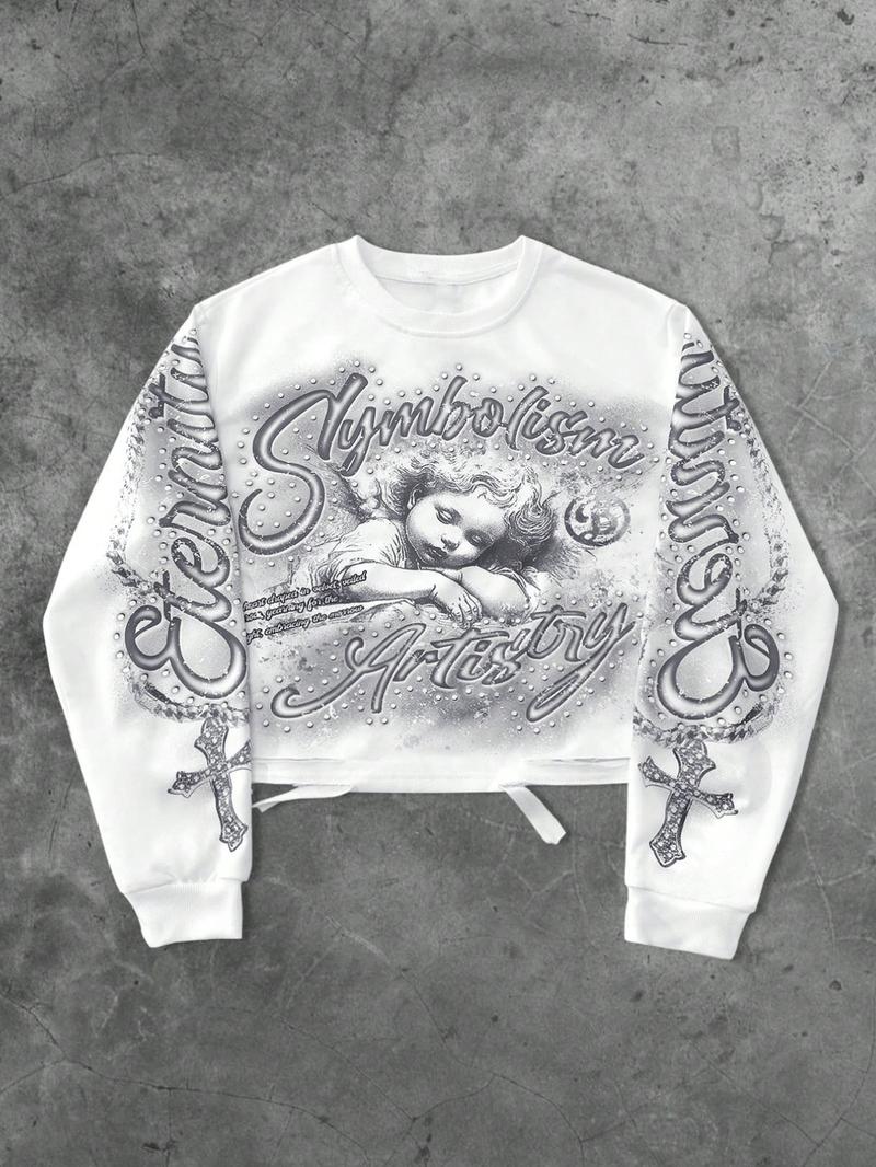 Unisex Streetwear Angel Print Design Sweatshirt, Loose-fitting Casual Long Sleeve Crewneck for Fall & Winter Fashion