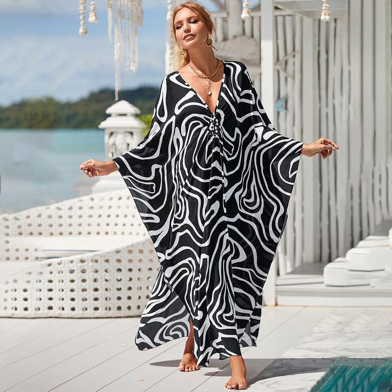 Bsubseach Women Ethnic Print Kaftan Dress ，Plus Size All Over Print  Sleeve TunicDress, Boho Casual V Neck 3/4 Sleeve TunicDress for Women, Women's Plus Cover Up,Mrs. Roper Kaftan ，bubu，mumu，Casual Womenswear Summer Bohemian