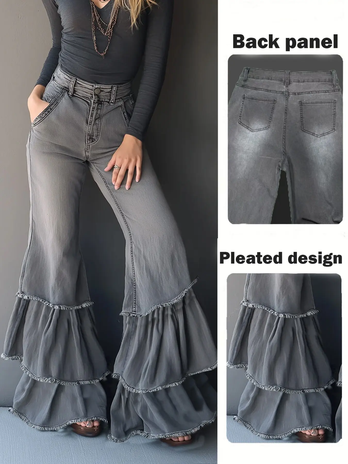 Women's Casual Fashion High Stretch Denim Two-Layer Ruffle Bell Bottom Pants, Trendy Daily Wear Long Jeans for Ladies