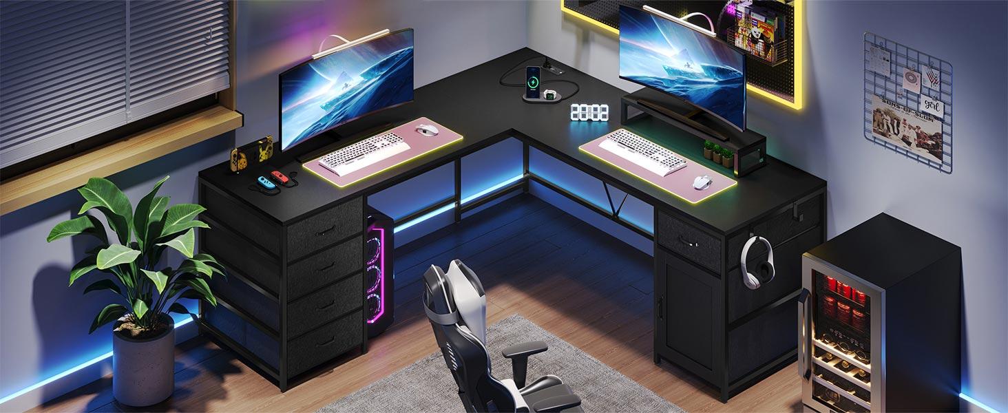 SEDETA L-Shape 63-Inch Desk Computer Desk with Drawers and Storage, Home Office Corner Table, Game Table Furniture Ergonomic Swivel Chair Modern