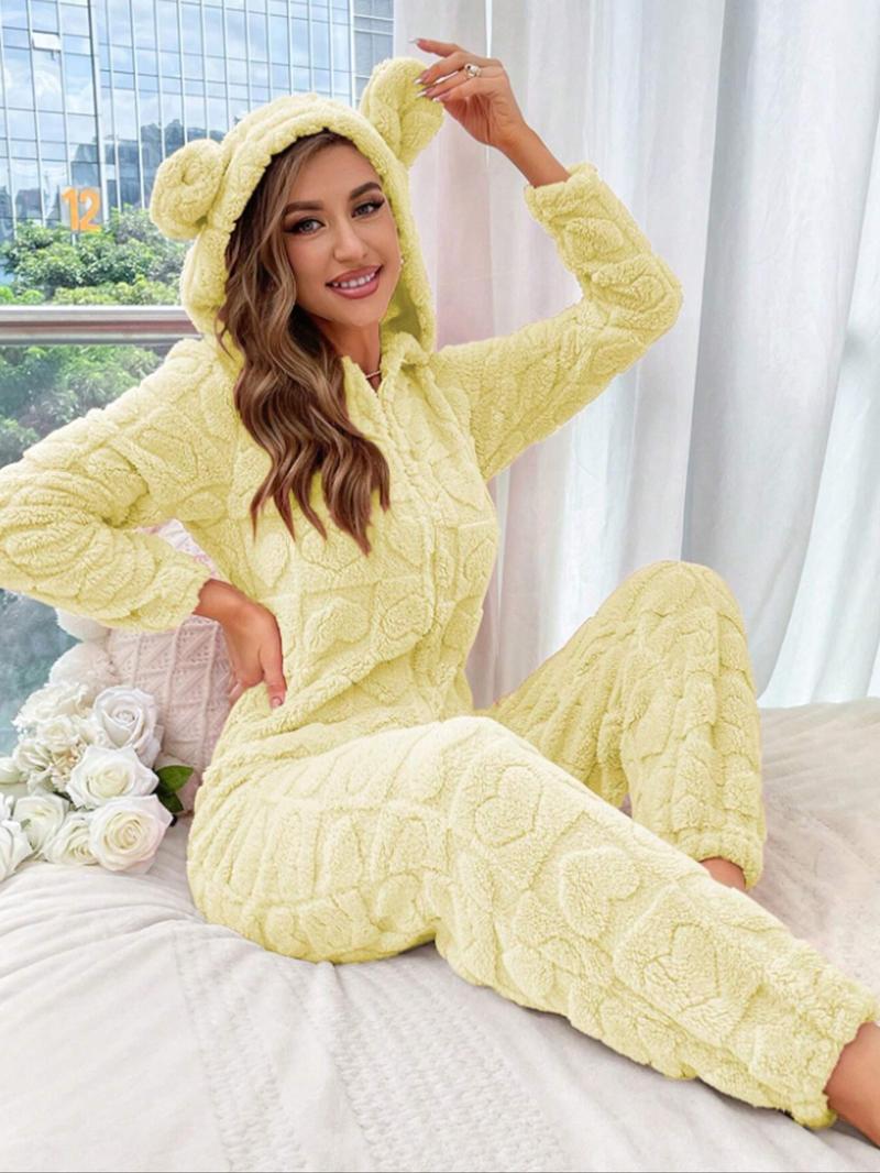 Women's Plush Onesie Pajamas Set, Long Sleeve Hooded Jumpsuit with Ears Design, Autumn Winter Warm Sleepwear for Ladies