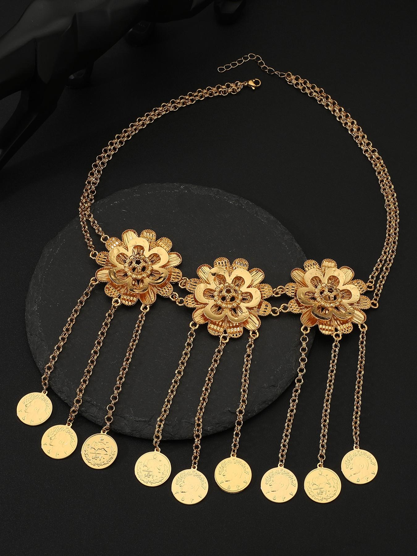Vintage Turkish Flower Gold Coin Bell Necklace, 18k Gold Plated Luxury Exotic Pendant, Elegant Geometric Design, All Seasons Accessory