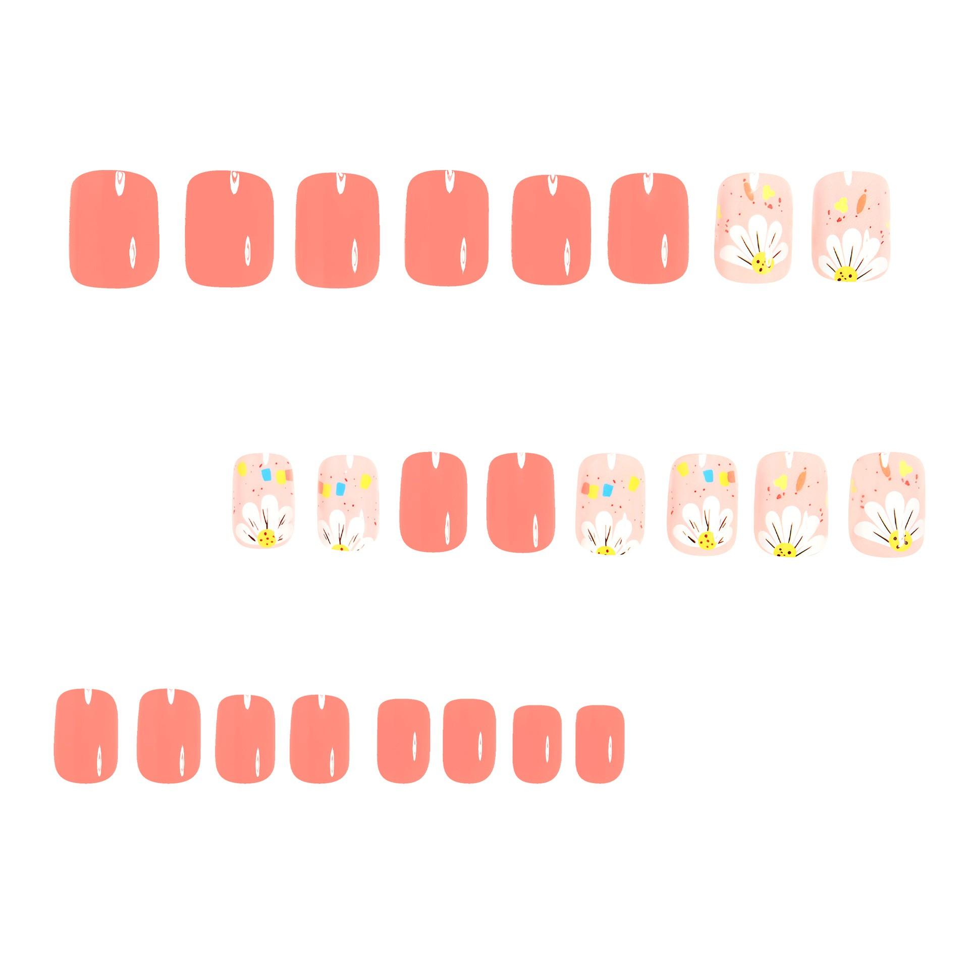 24pcs Short Square Shape Nail Art Set, Nail Art Supplies, Nail Art Designs, Elegant Sunflower Design Dot Stripe French False Nails, Spring Summer Fashion Removable Press-On Manicure Kit