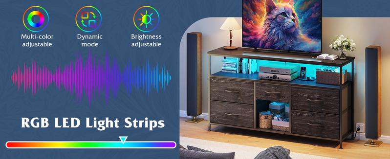 【Storage TV Stands】Raybee 30'' H Dresser with 5 Drawers,Old School & Chill Vibe TV Stands with Cabinets for Living Room with LED & Charge Station(2 USB Ports & 2 Power Outlets), Match 50 Inches TV,Combining Aesthetics with Practicality