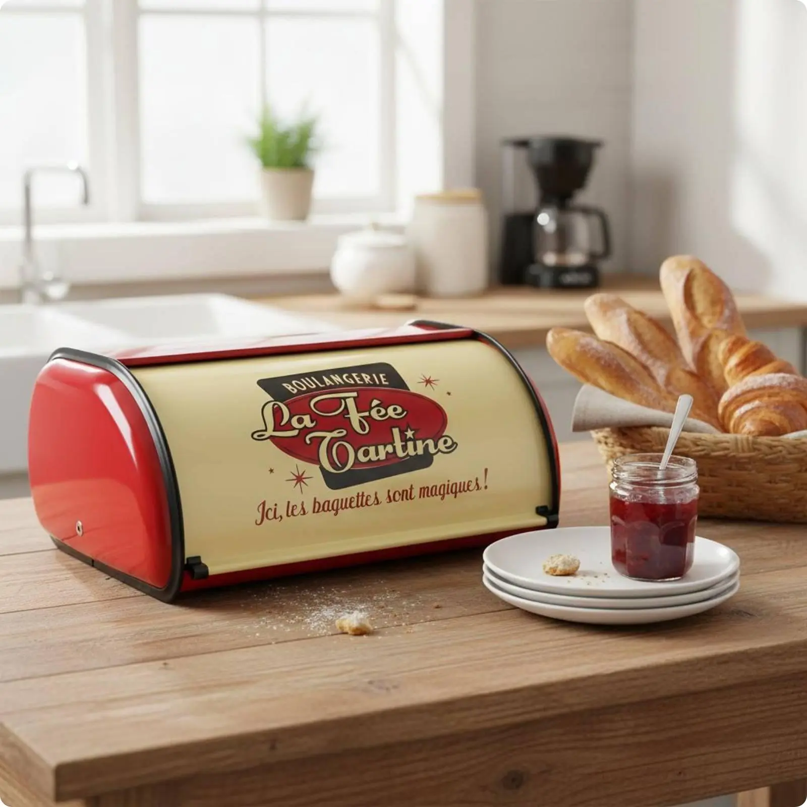 Retro Bread Box Bakery Print Hinged-Top Loaf Box Black Trim