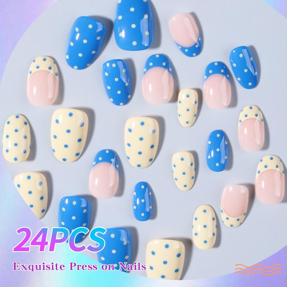 24pcs Short Oval Polka Dot Nail Art Set, Nail Glue Included, Includes Jelly Glue and File, Perfect for Parties, Dance, Daily Use, Sparkling Nail Tips
