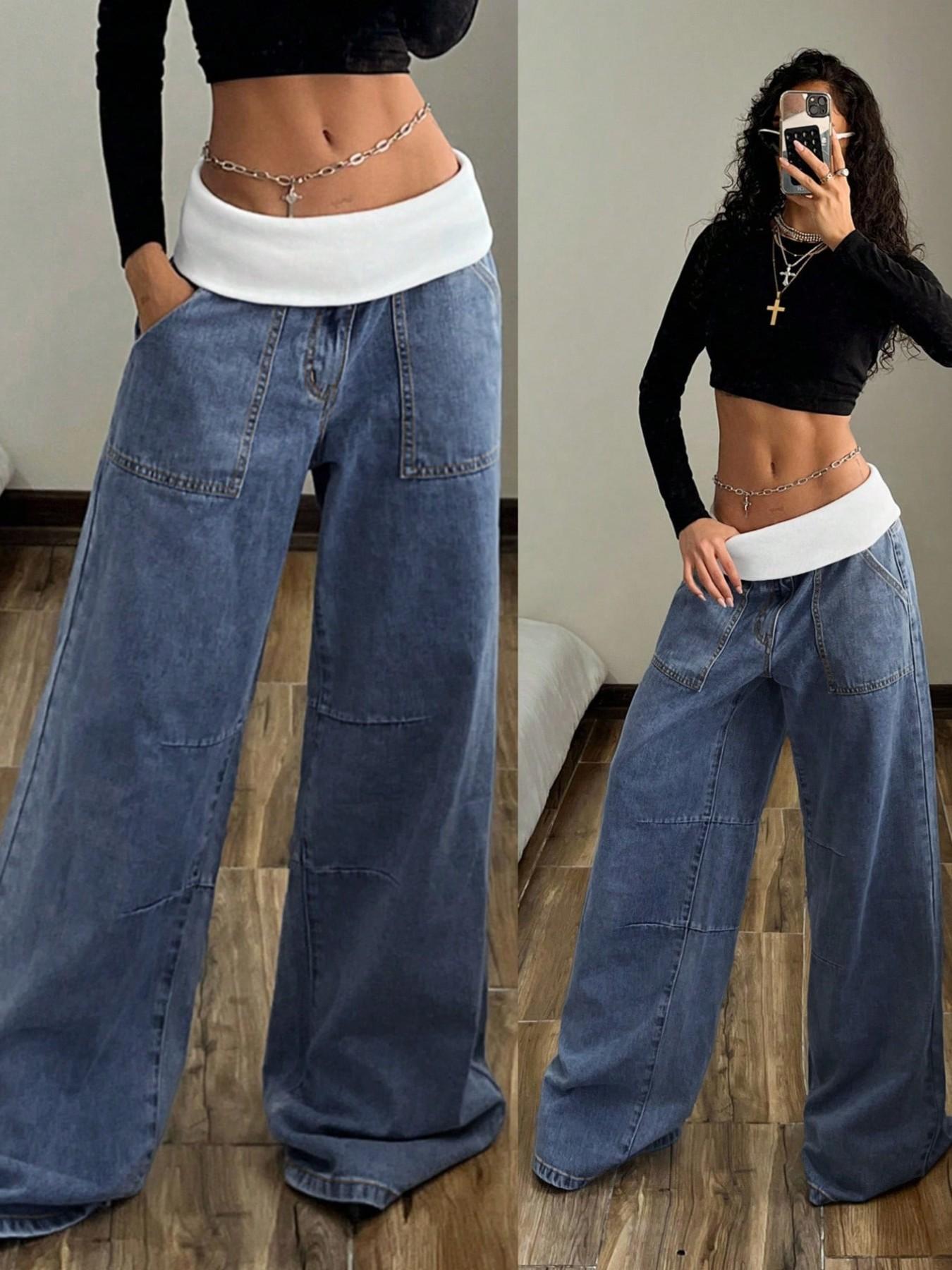 Women's Elastic Waist Oversize Loose Jeans, Four-Season Street Style Wide Leg Pants with Pockets, Casual Y2K Fashion for Outdoor Wear Bottoms, Streetwear