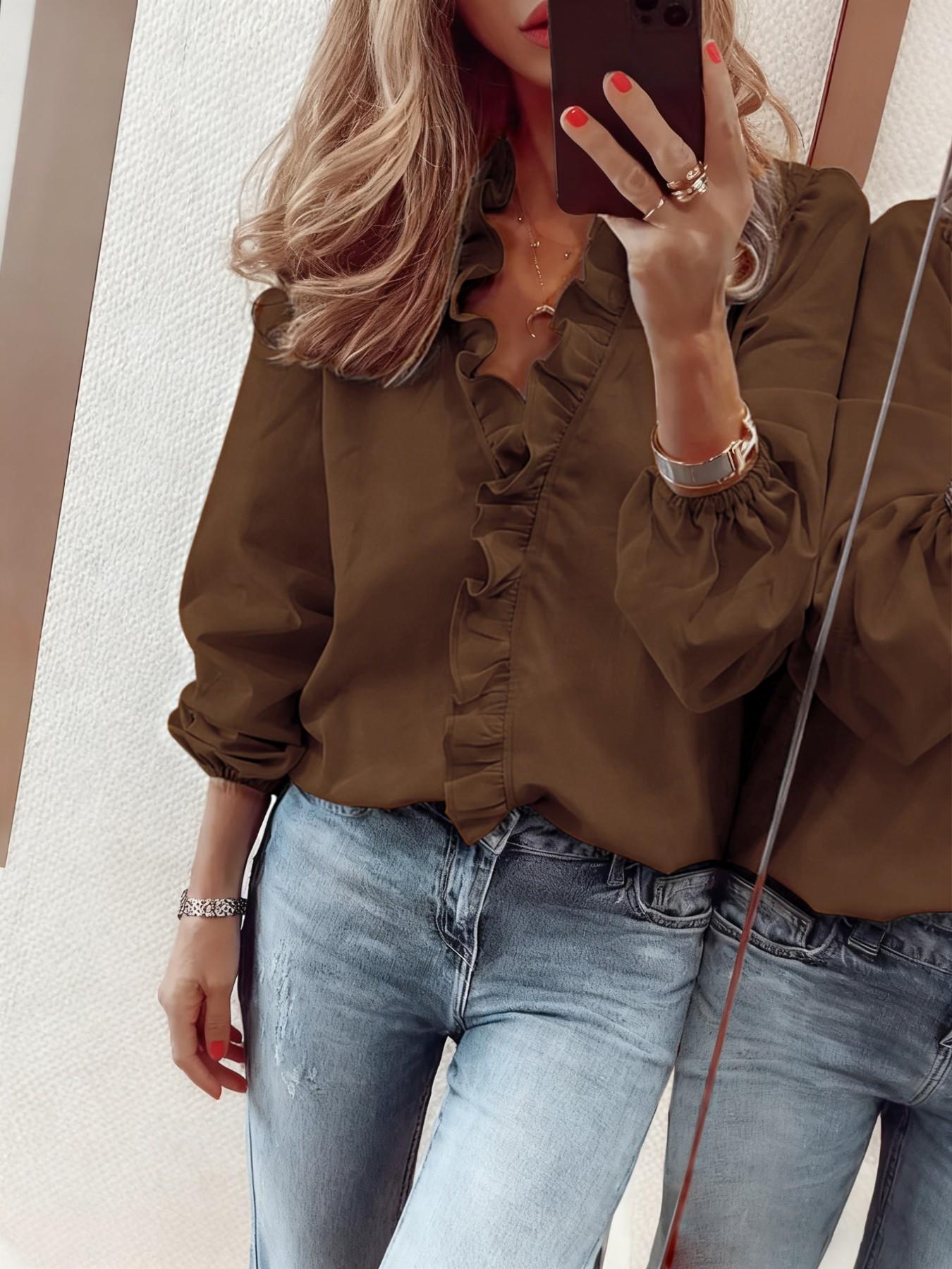 Women's Elegant V Neck Blouse with Ruffles, Loose-Fit Woven Shirt for All Seasons, Plain Pattern Casual Top for Office Wear