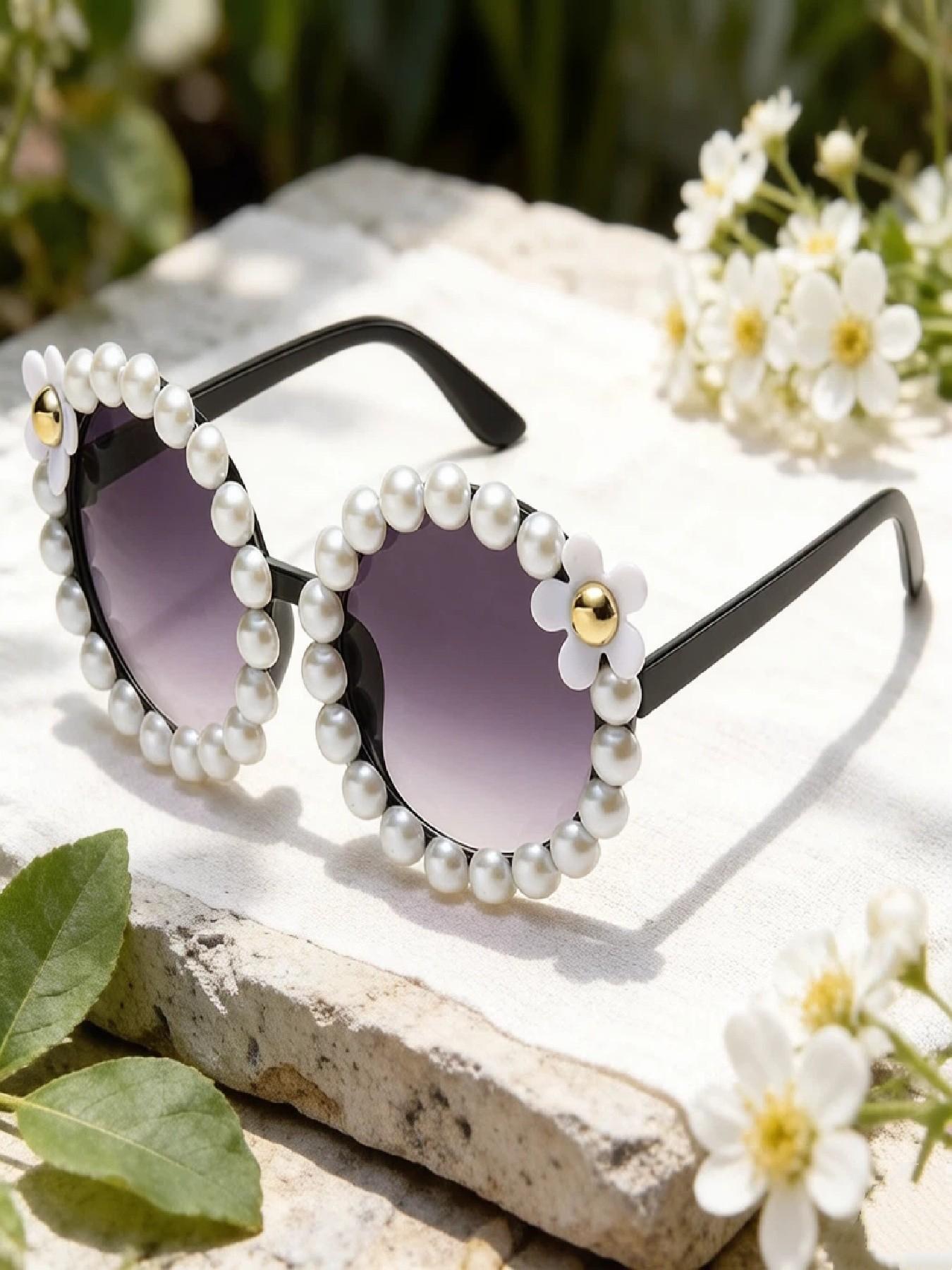 Pearl Trim Water Drill Flower Sunglasses, Gradient Lens, Perfect for Wedding, Party, Beach, Music Festival, Daily Wear, Date Night
