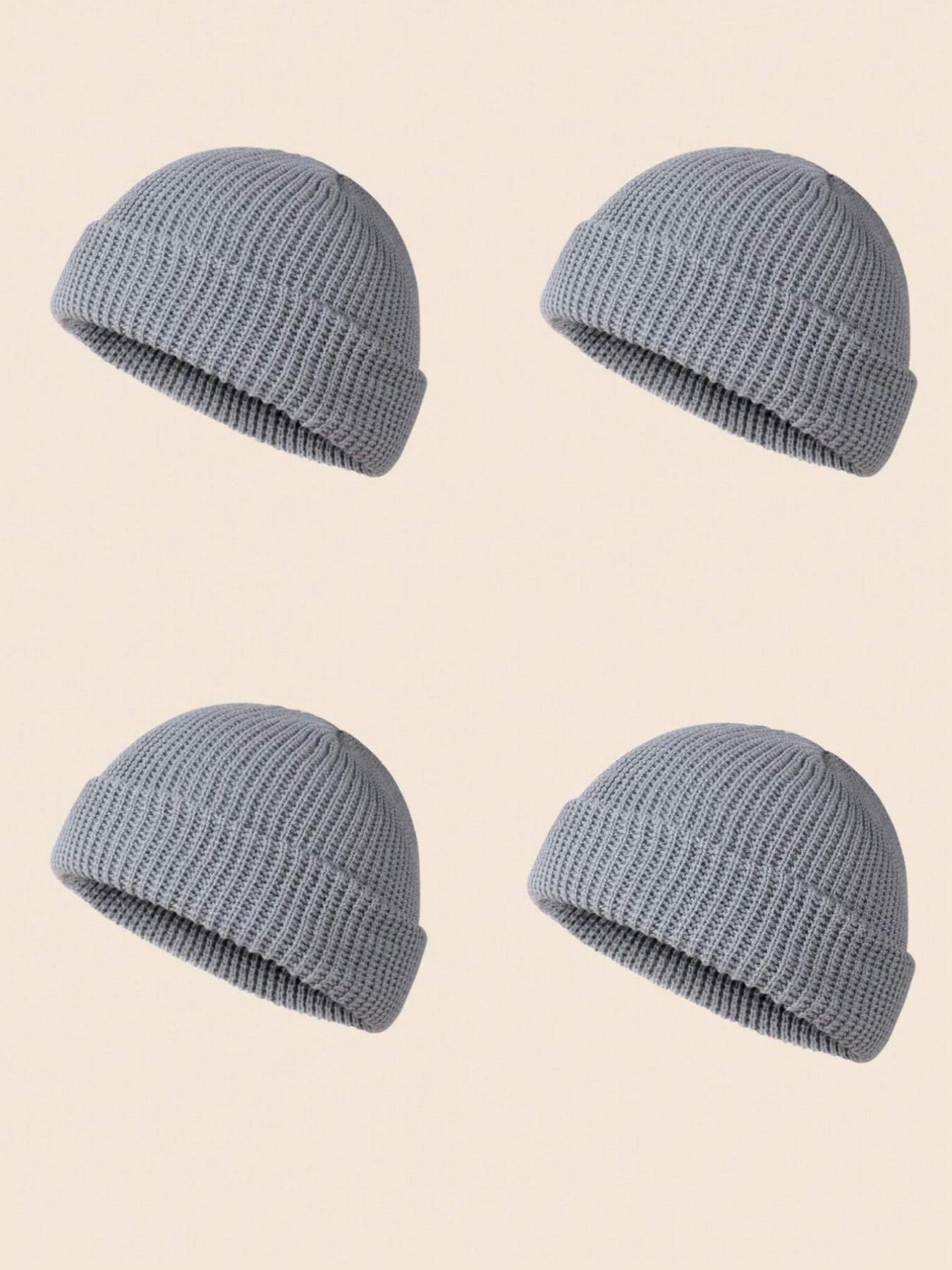 Men's Solid Color Beanie Set, Knit Style, Perfect for Fall & Winter Daily Wear, 4 Piece Pack, Casual Fashion Accessories, Knit Hats, Beanie Fitted