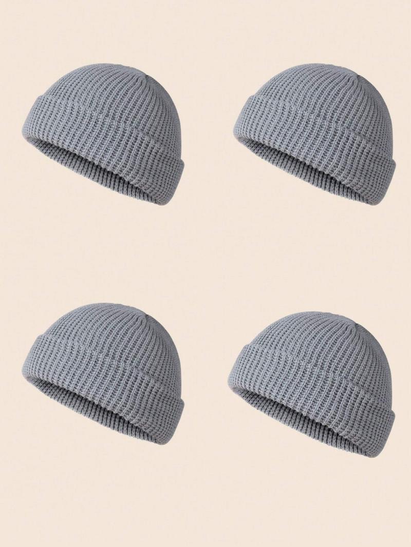 Men's Solid Color Beanie Set, Knit Style, Knitted Hat, Perfect for Fall & Winter Daily Wear, 4 Piece Pack, Casual Fashion Accessories