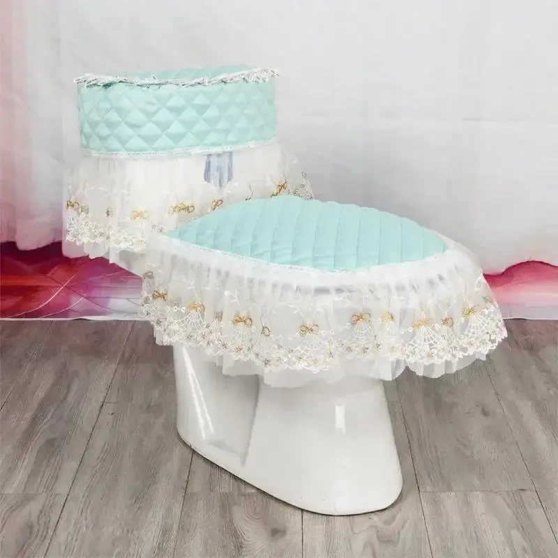 U-shaped Toilet Mat Three Piece Set Lace Embroidered Zipper Style Dustproof Cover Grey Geometric Pattern Toilet Seat Cushion