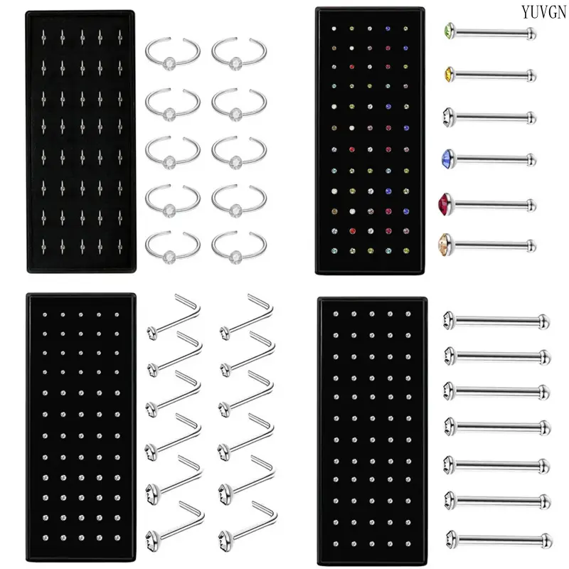 Women's Premium Anti-Allergy Stainless Steel Piercing Jewelry Set - 60 Pcs Rhinestone Nose Ring & Lip Stud, Mixed 1.5/2.0/2.5mm Glossy Fringe Designs, Lip Ring, Body Jewelry Set, Daily, Female, Accessories For Women, Tarnish Proof Jewelry