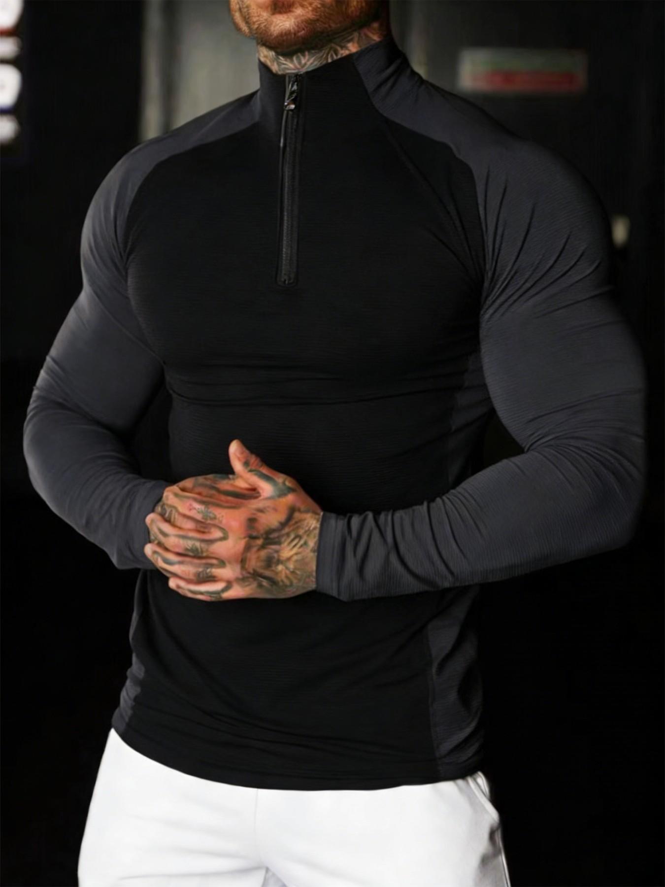 Men's Muscle Fit Quarter Zip Performance Top - Slimming Raglan Sleeve ...