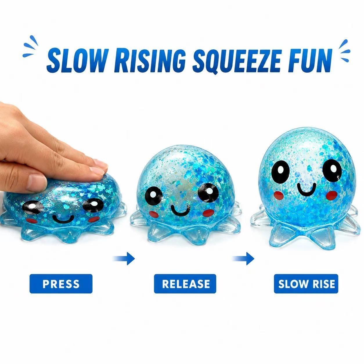 Clear Glitter Octopus Squeeze Toy, Glitter Squishy, Glittery Squishies, Squishy Fun, TPR Maltose Filled Stress Ball, 4 Colors Available Anxiety Relief Fidget Toy for Adults Kids